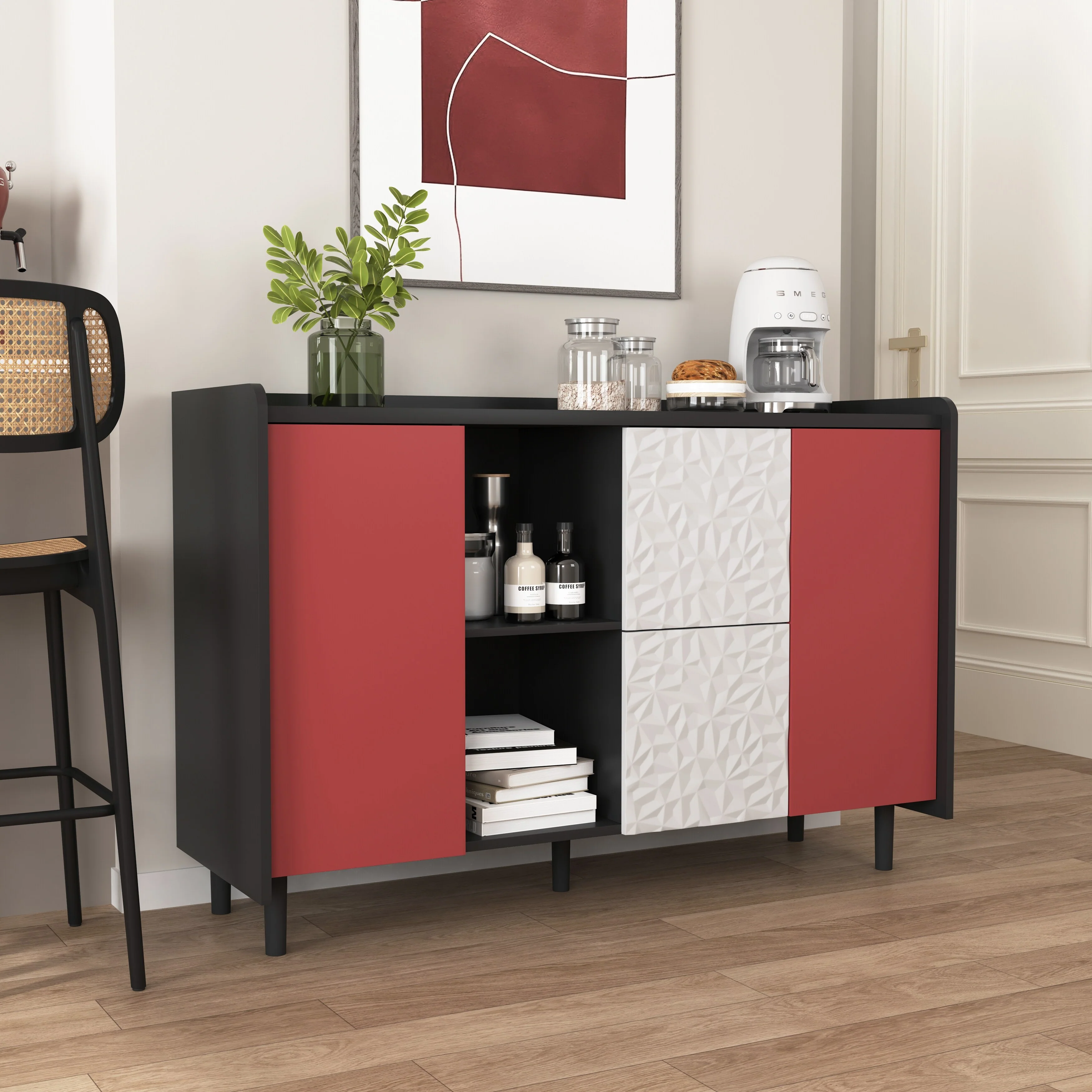 Modern Sideboard Buffet Cabinet with 2 Drawers and 2 Open Storage Compartment