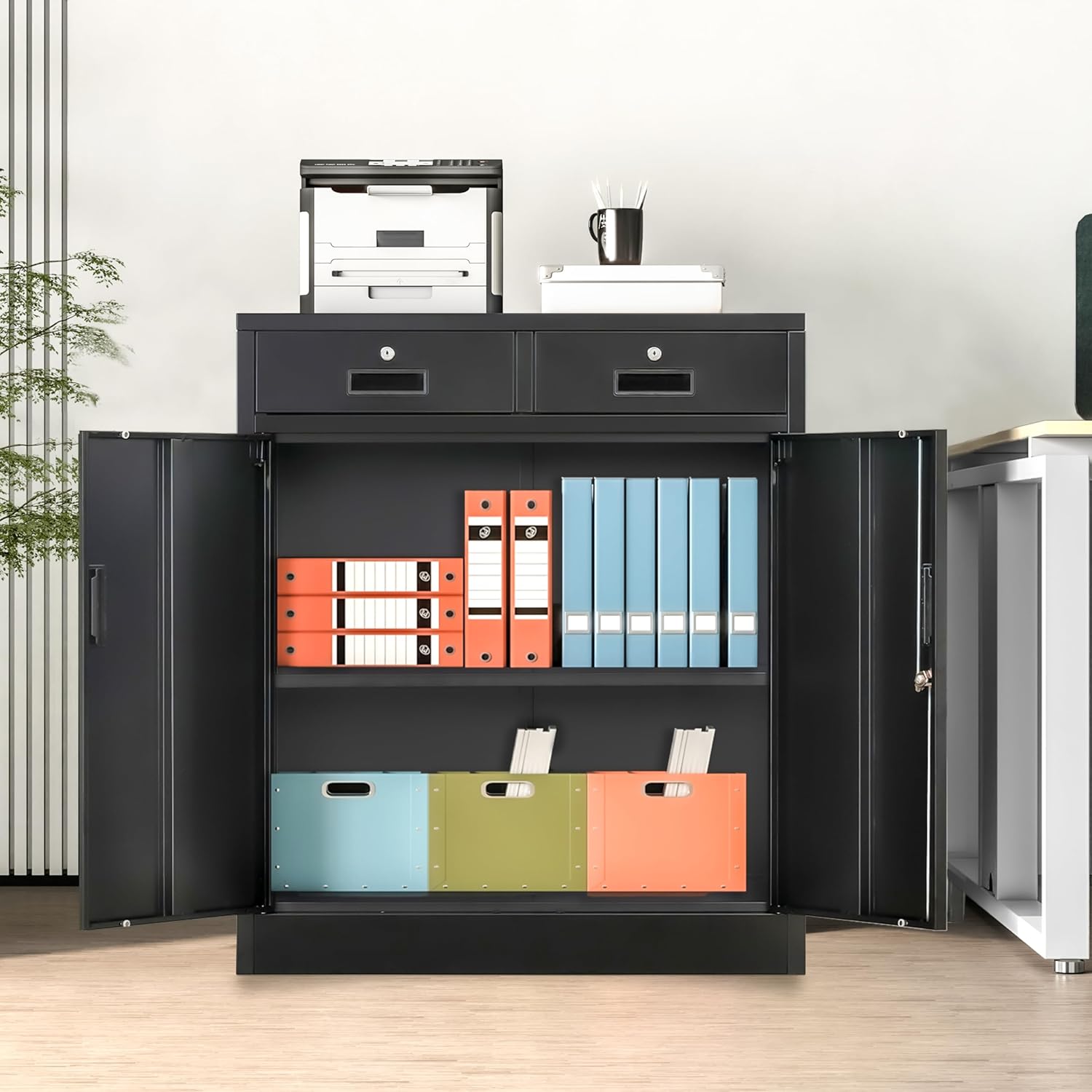 Wanfu Metal Storage Cabinet, 36 H Locking Storage Cabinet with 2 Drawers and Adjustable Shelf, Metal Cabinets for Office, Garage, Home-Black