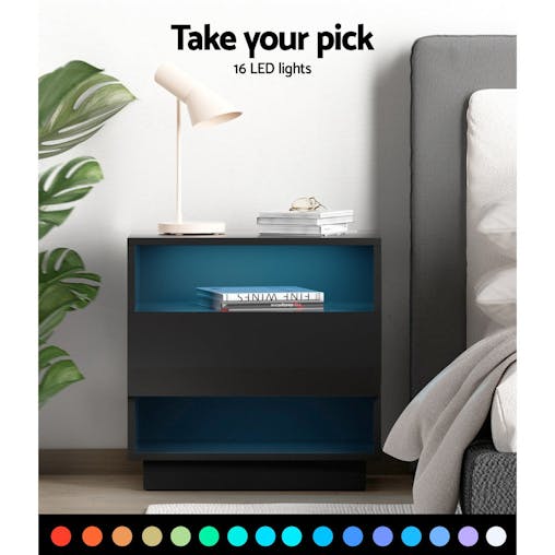 NNEDSZ Artiss Bedside Tables Side Table RGB LED Drawers Nightstand High Gloss Black
