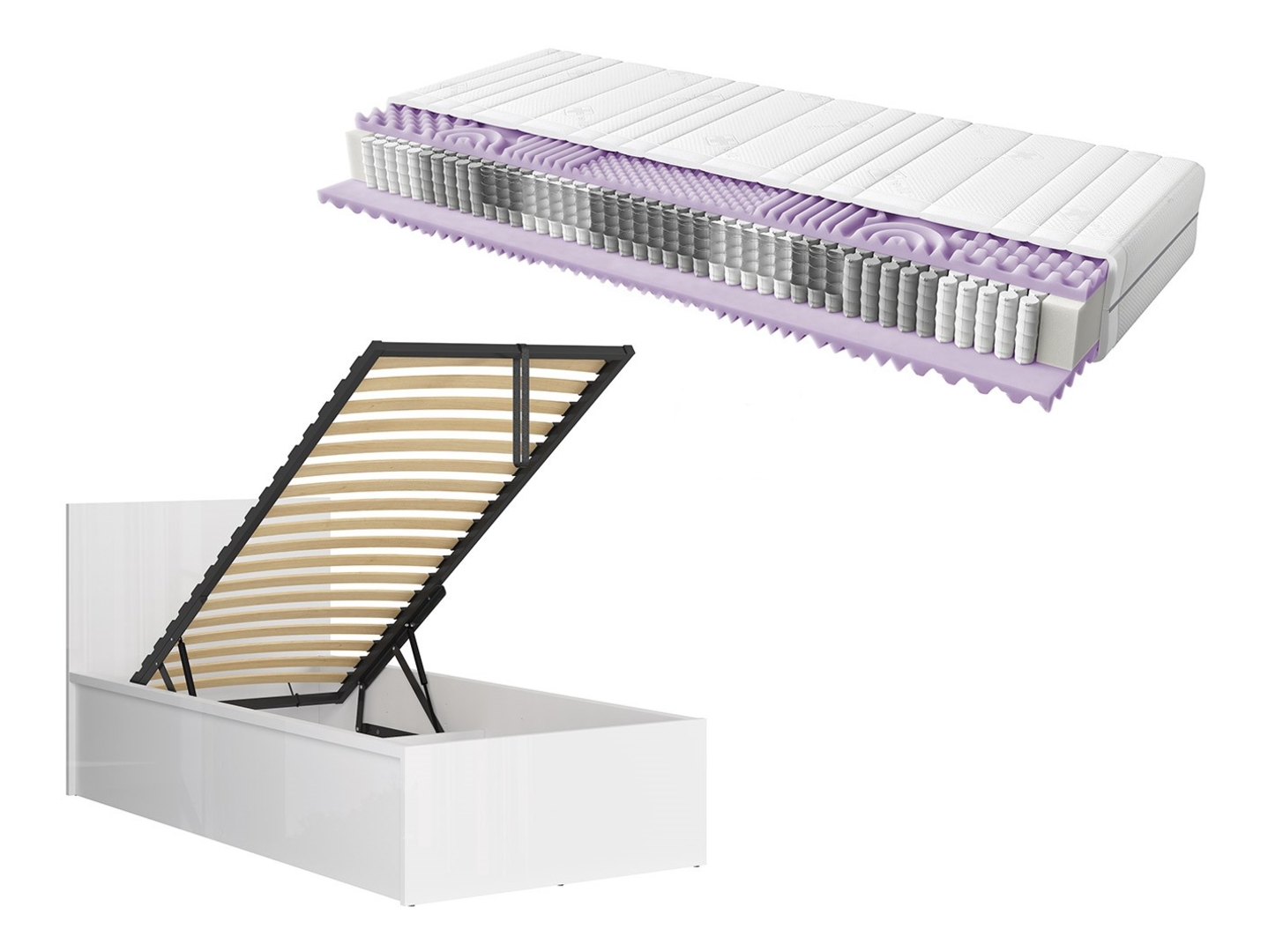 Zestaw łóżko Tetrix biały połysk ze stelażem i materac Mimas 90x200