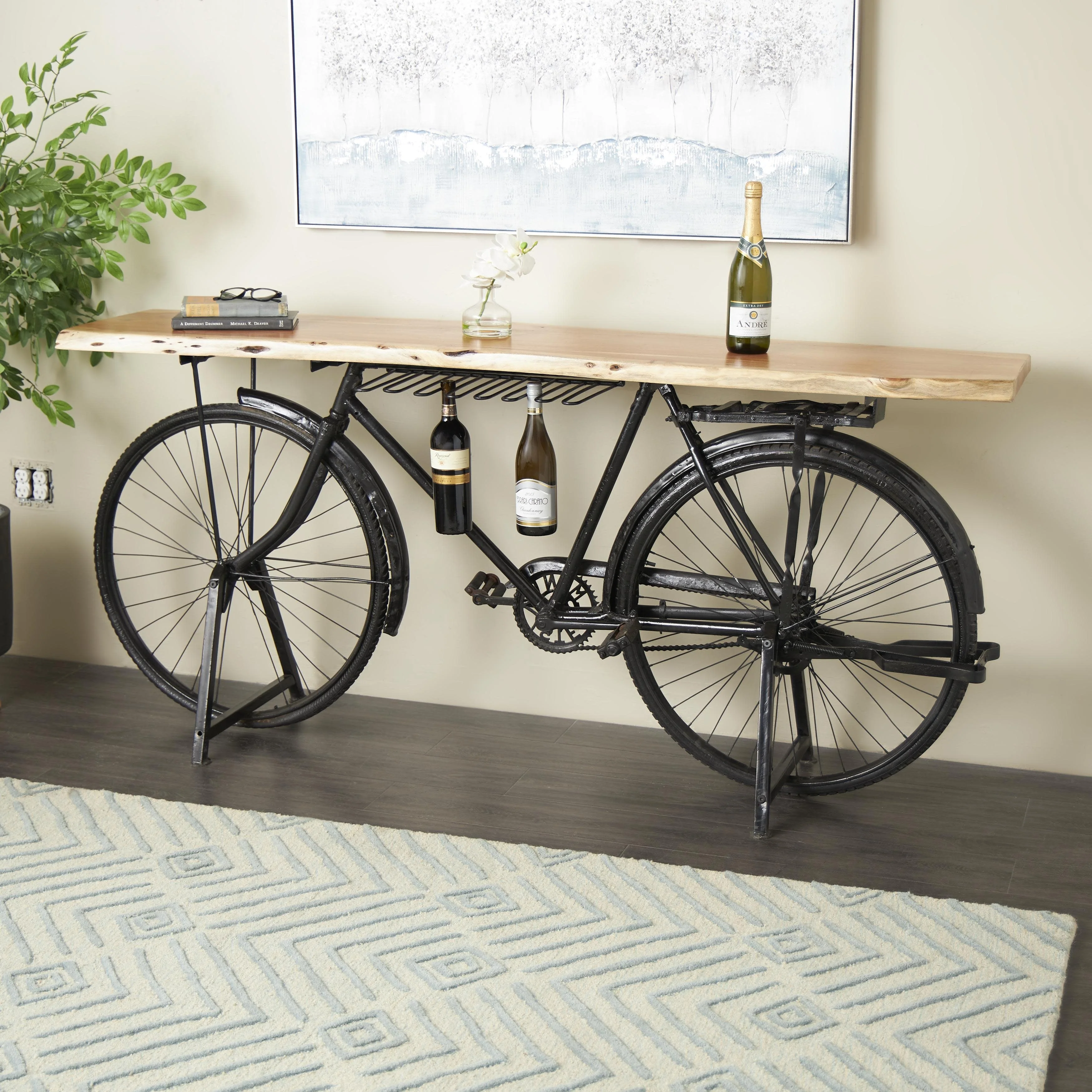Metal Bike Replica Bar with Live Edge Brown Wood Top and Bottle Holder Slots - Black - Roche River Decor - 17W x 77L x 35H