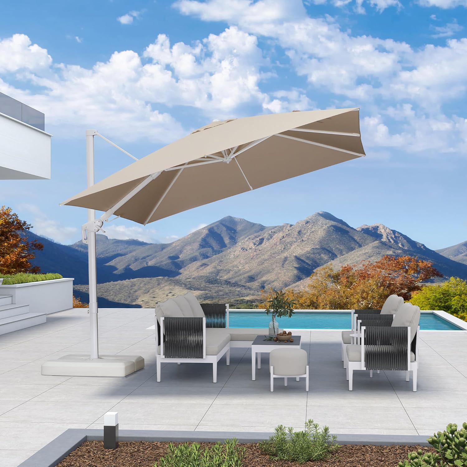 PURPLE LEAF 10 FT Right-left Tilt Patio Umbrella Swivel White Cantilever Umbrella with Tilt Aluminum Outdoor Umbrella with 360° Rotation for Deck Pool Garden, Beige