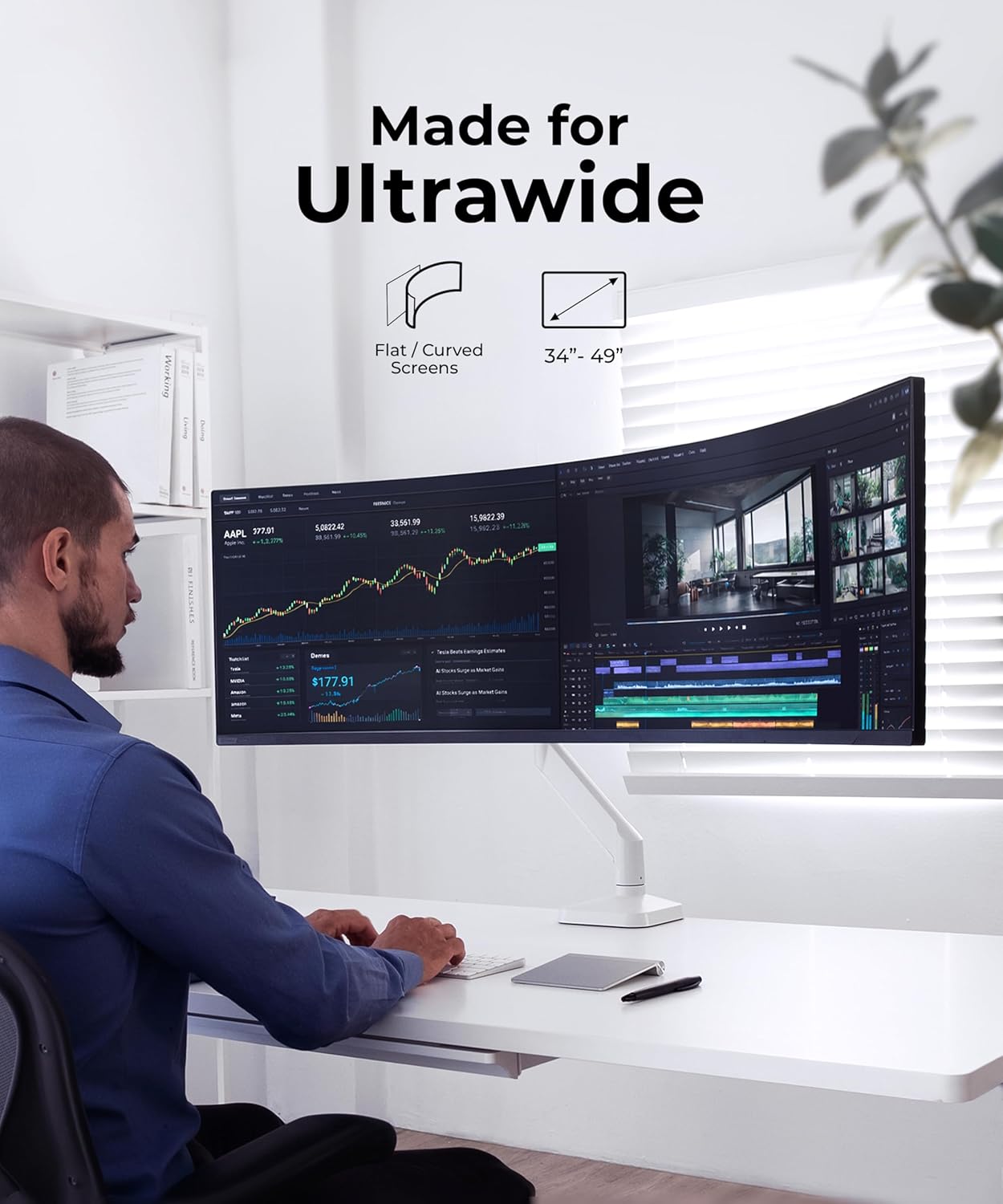 Heavy Duty Monitor Arm Desk Mount for 34-49 Inch Ultrawide Curved Monitors  Supports 14-38 lbs  Gas Spring Ergonomic Full Motion with Cable Management  Red Dot Design Awarded  White