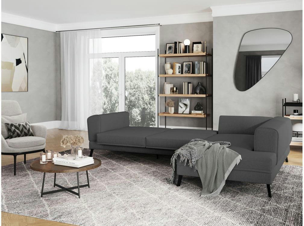 INDIA - Canapé d'angle droit convertible 2 coffres en tissu - Gris foncé
