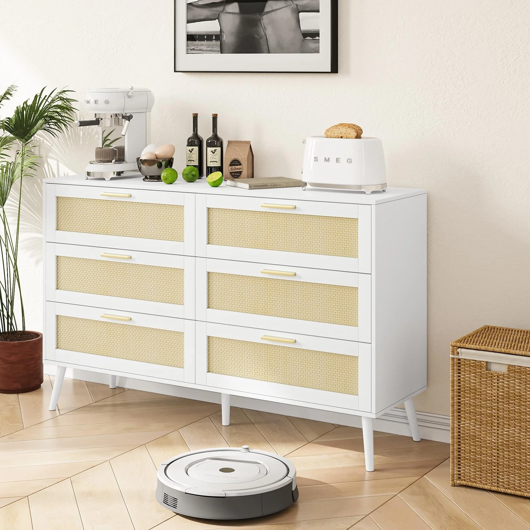 6-Drawer Double Dresser, Wide Chest of Drawers with Gold Handles, Rattan Dresser Storage Cabinet for Living Room