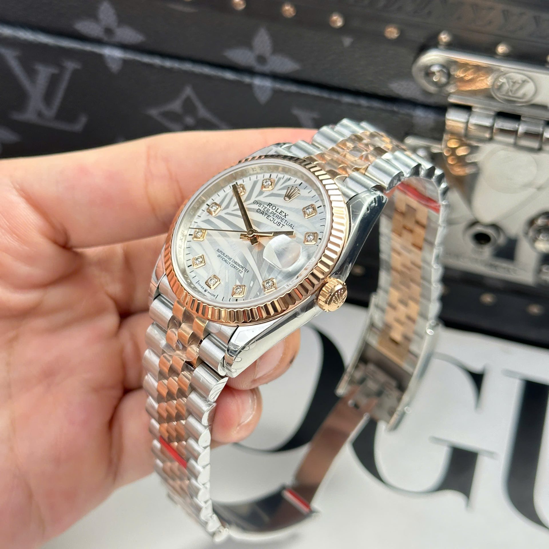 Rolex Datejust 126231 SS/RG Plated Silver Palm Dial CZ Diamonds 36mm Jub Super Clone