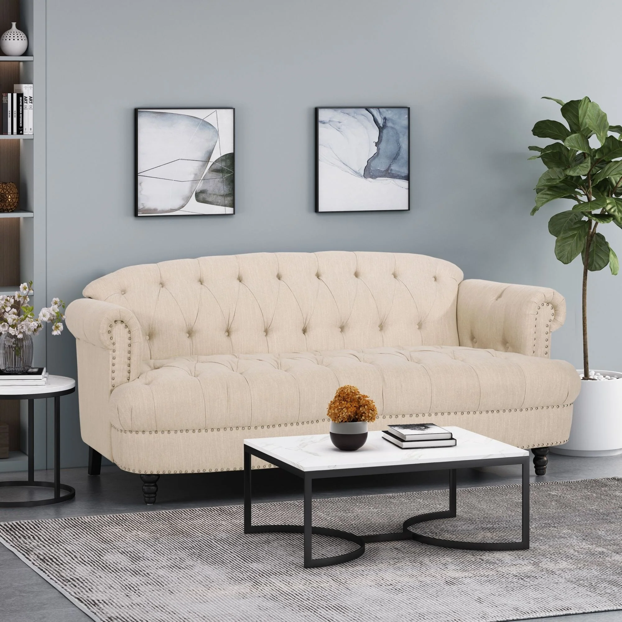 Beige Modern 74 3-seater Tufted Sofa with Nailhead and Wood Legs for Living Room