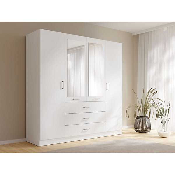 Armoire KALISTA 200 cm blanc mat4 portes battantes, 2 miroirs, 3 tiroirs