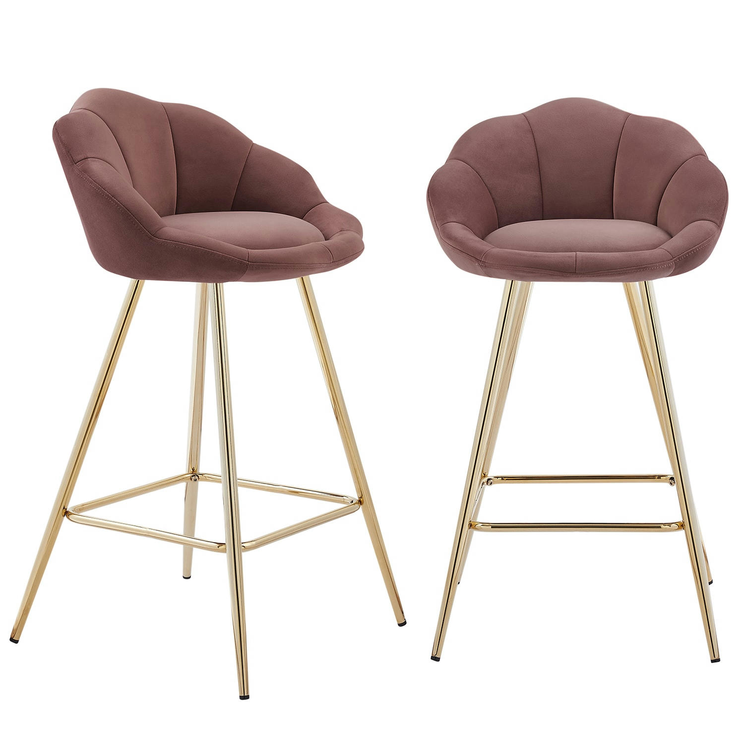 CORAIL - Lot de 2 tabourets de bar en velours rose piètement doré