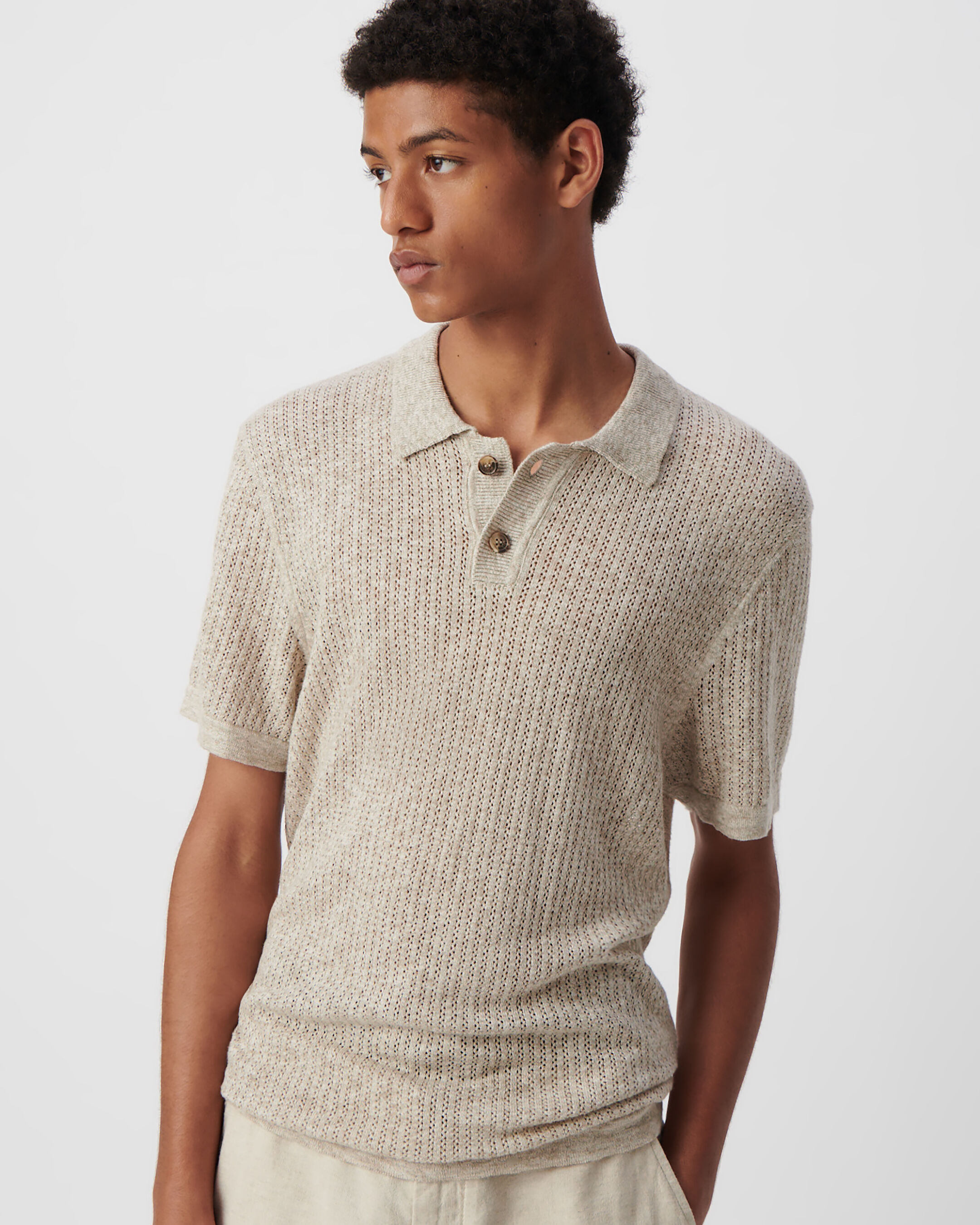 Polo beige tricot ajouré fantaisie Homme