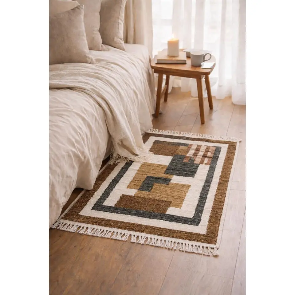 Rechthoekig katoenen tapijt met bruine en ecru motieven 90 x 60 cm