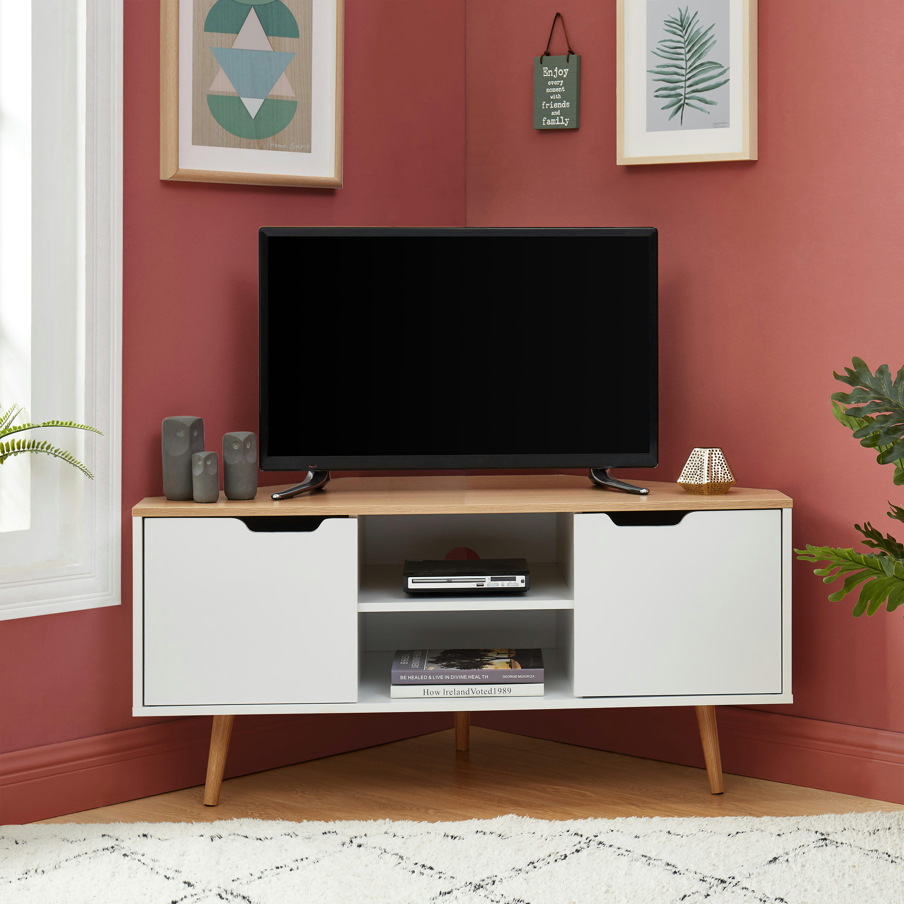 LYNA - Meuble tv d'angle   blanc et effet bois et chêne  2 portes 115cm