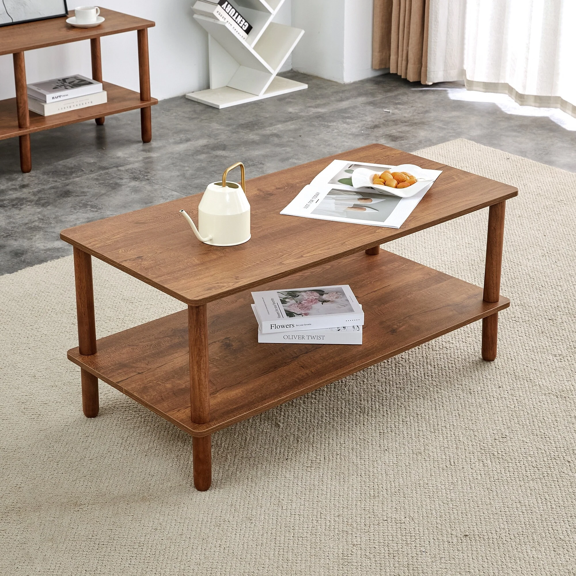 Modern 2-Tier Coffee Table, Rectangular Center Table with Open Storage Shelf, Rounded Rubber wood legs