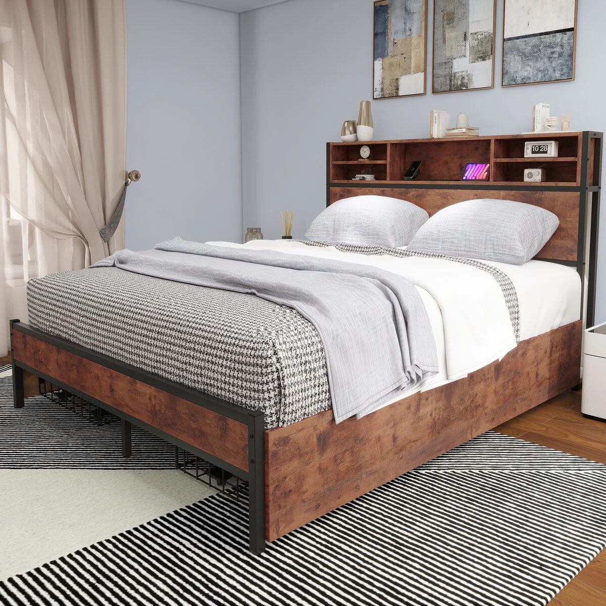 Moasis Queen/King Metal Platform Bed with 4 Storage Drawers and Charging Station