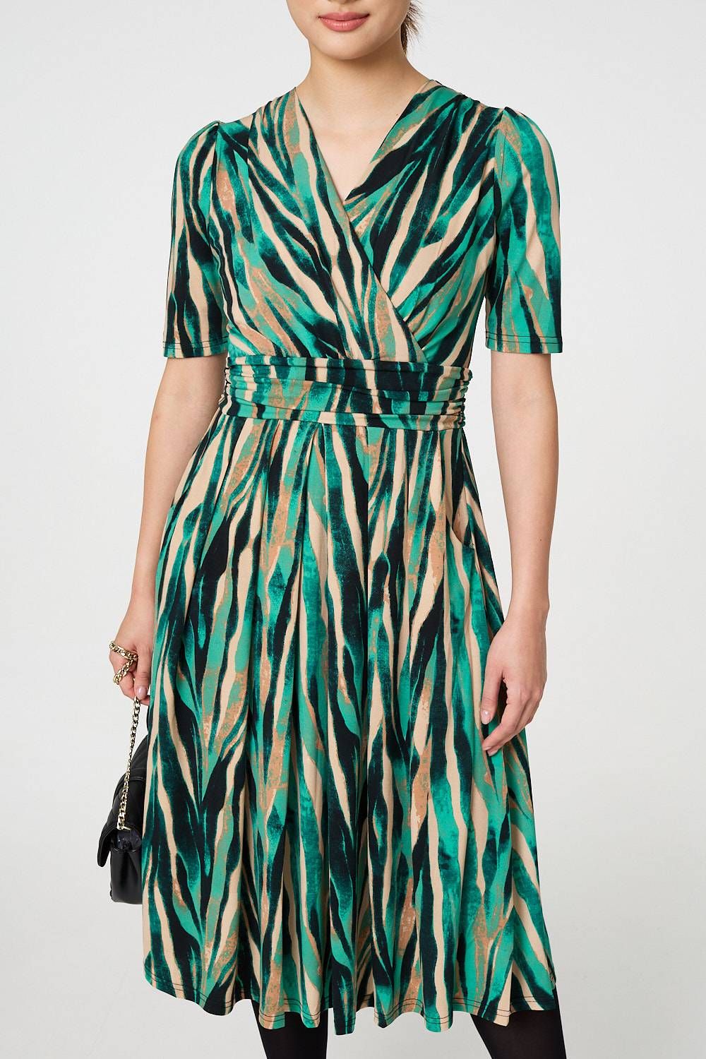 Izabel London Printed 1/2 Sleeve Wrap Waist Midi Dress