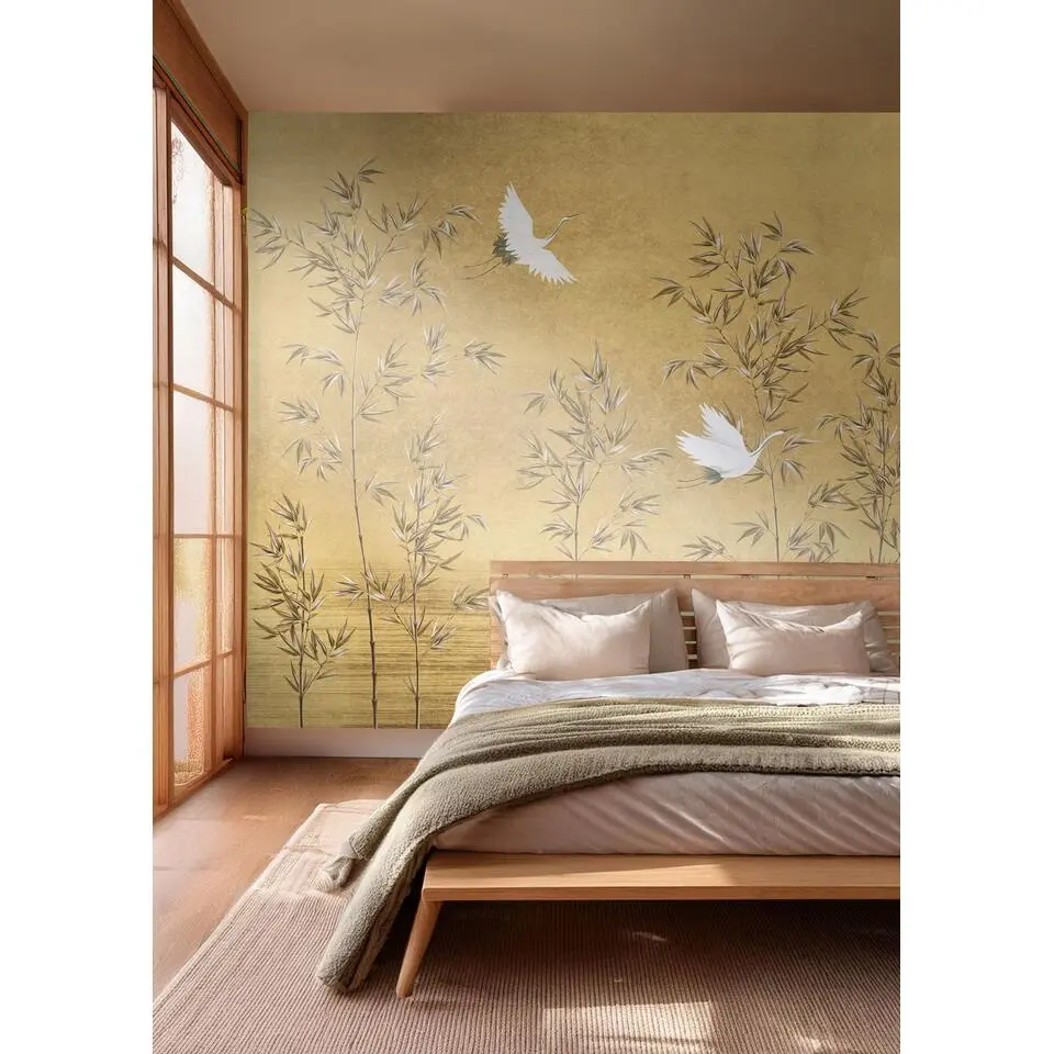 Sanders & Sanders fotobehang kraanvogels okergeel - 318 x 280 cm