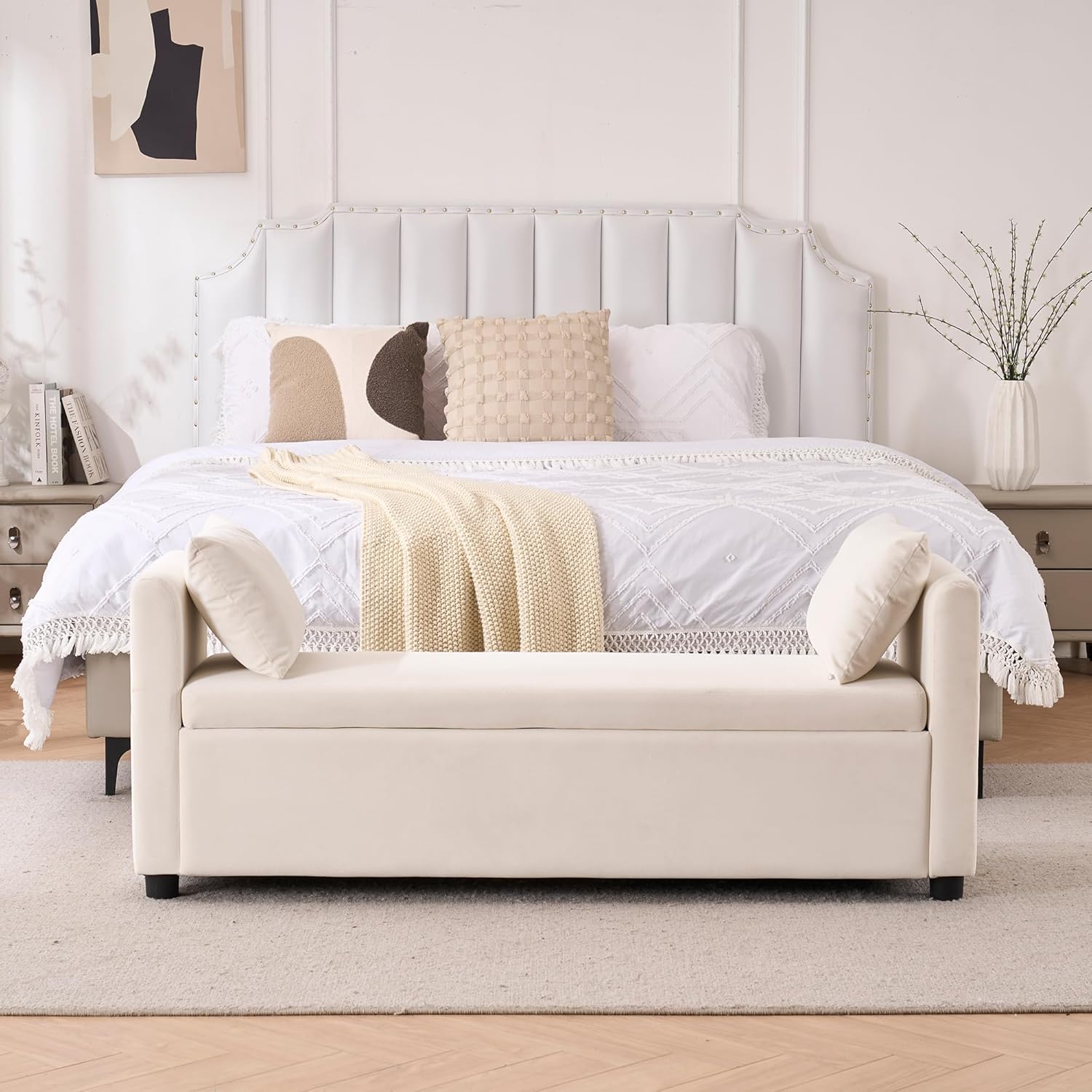 Storage Bench for Bedroom, 55 End of Bed Bench for King Size Bed, Modern Upholstered Long Ottoman Bench with Arms and 2 Pillows for Living Room/Entryway (Ivory White)