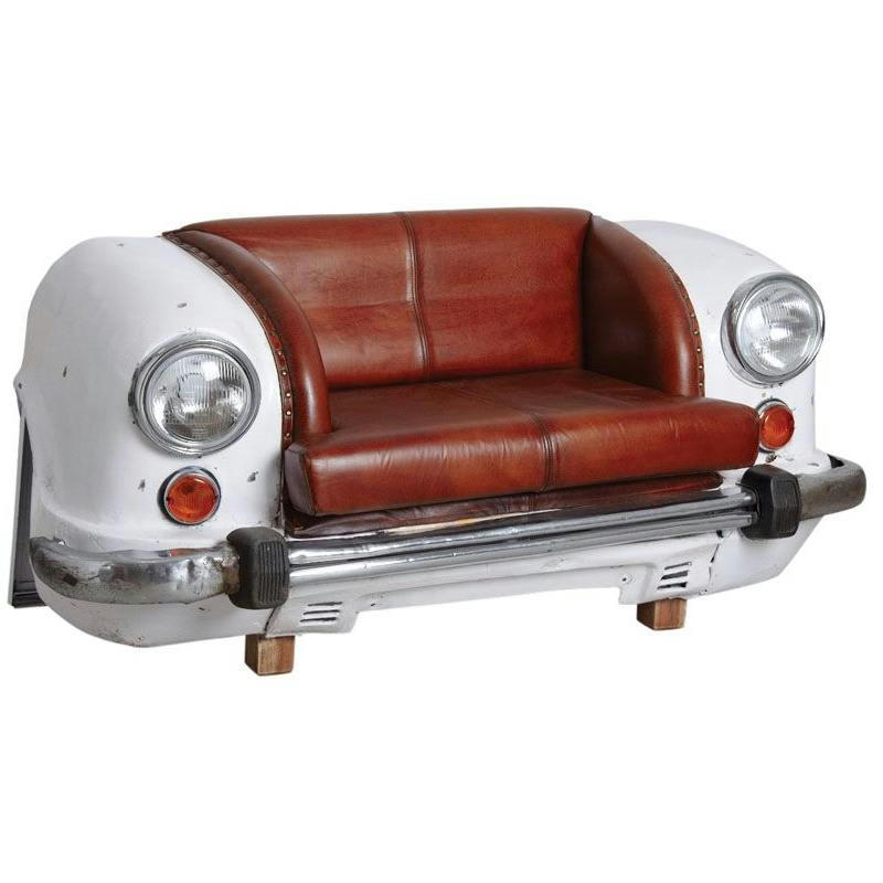 - Canapé voiture en cuir de buffle et métal blanc