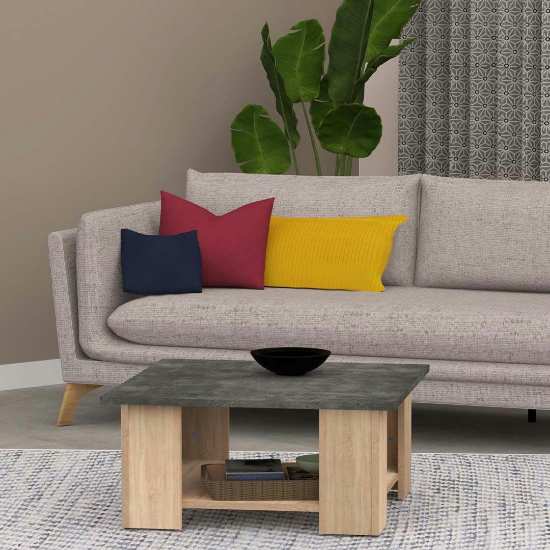 SQUARE - Table basse effet bois chêne naturel et béton