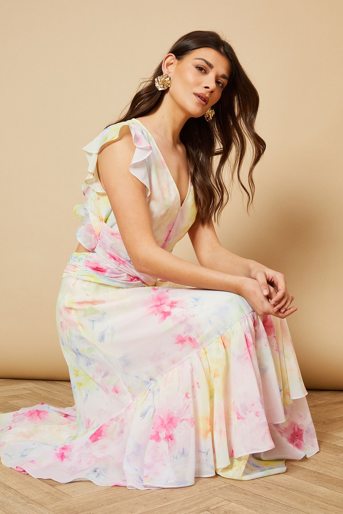 Oasis Printed Twist Front Detail Tiered Midi Dress