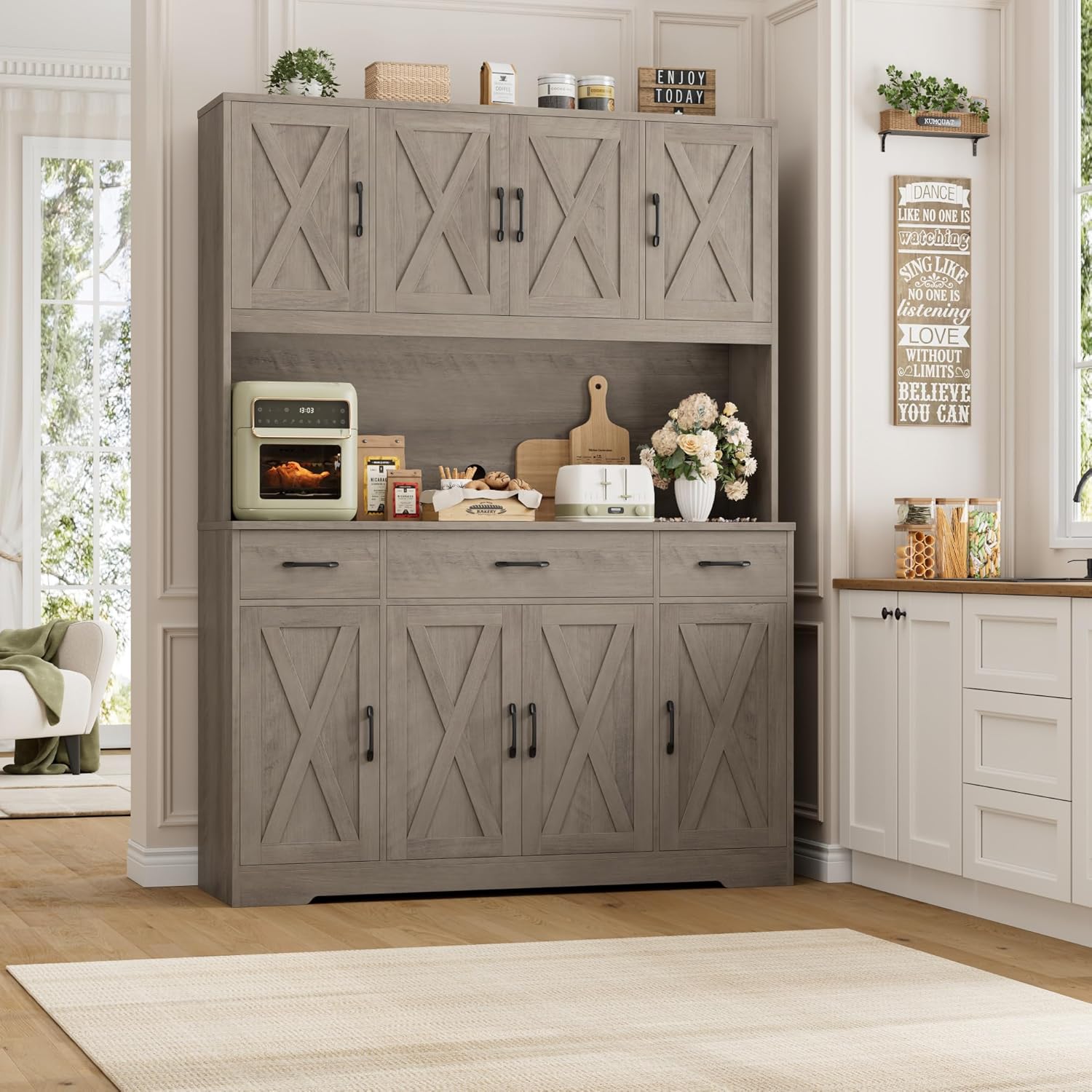 HOSTACK 71 Tall Pantry Cabinet with Charging Station, 55 Wide Kitchen Pantry Storage Cabinet with Countertop, Large Kitchen Hutch with Storage Drawers and Microwave Stand for Dining Room, Ash Grey