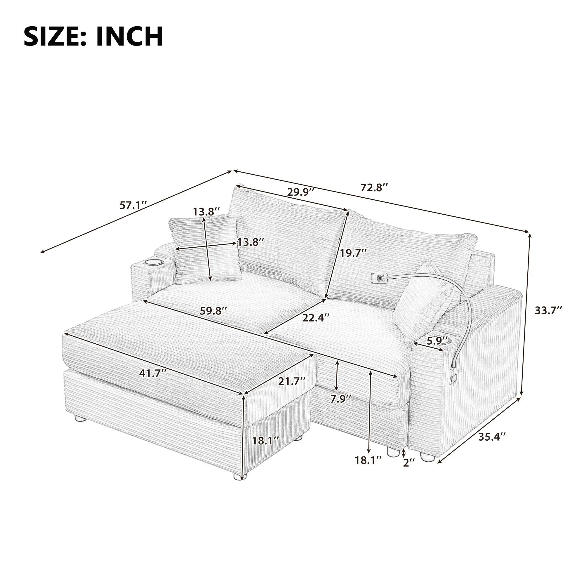 72.8'' Loveseat Sectional Sofa with Movable Ottoman, Hidden Storage Armrests, Dual USB Ports, Cup Holders, and Phone Organizer