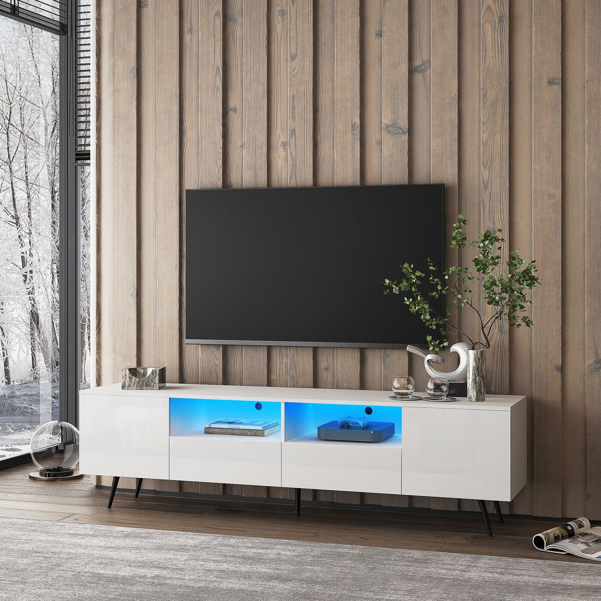 White 69 TV Stand with RGB Lights & Flashing Effects for TVs Up to 75