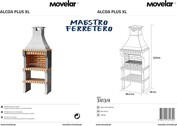 MOVELAR - Barbecue préfabriqué à bois et charbon de bois AlcoaxL (Gris, Orange - 86,5x58x225 cm) REF : 3413/4 - Usage Extérieur