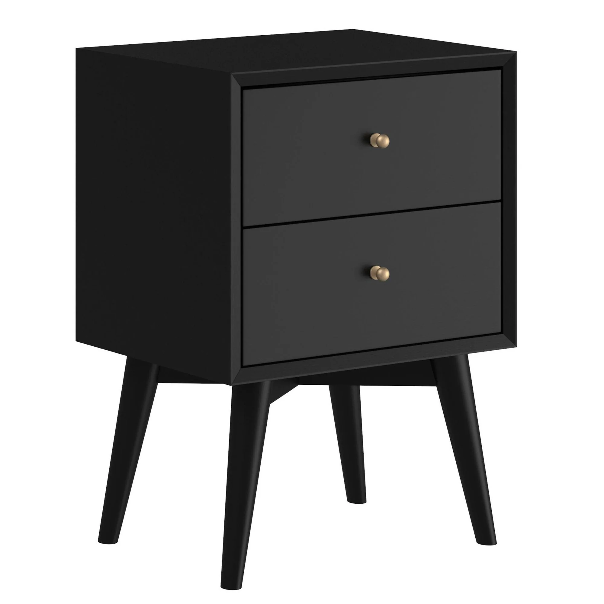 Alpine Furniture Flynn Mid Century Modern 2 Drawer Nightstand, Black