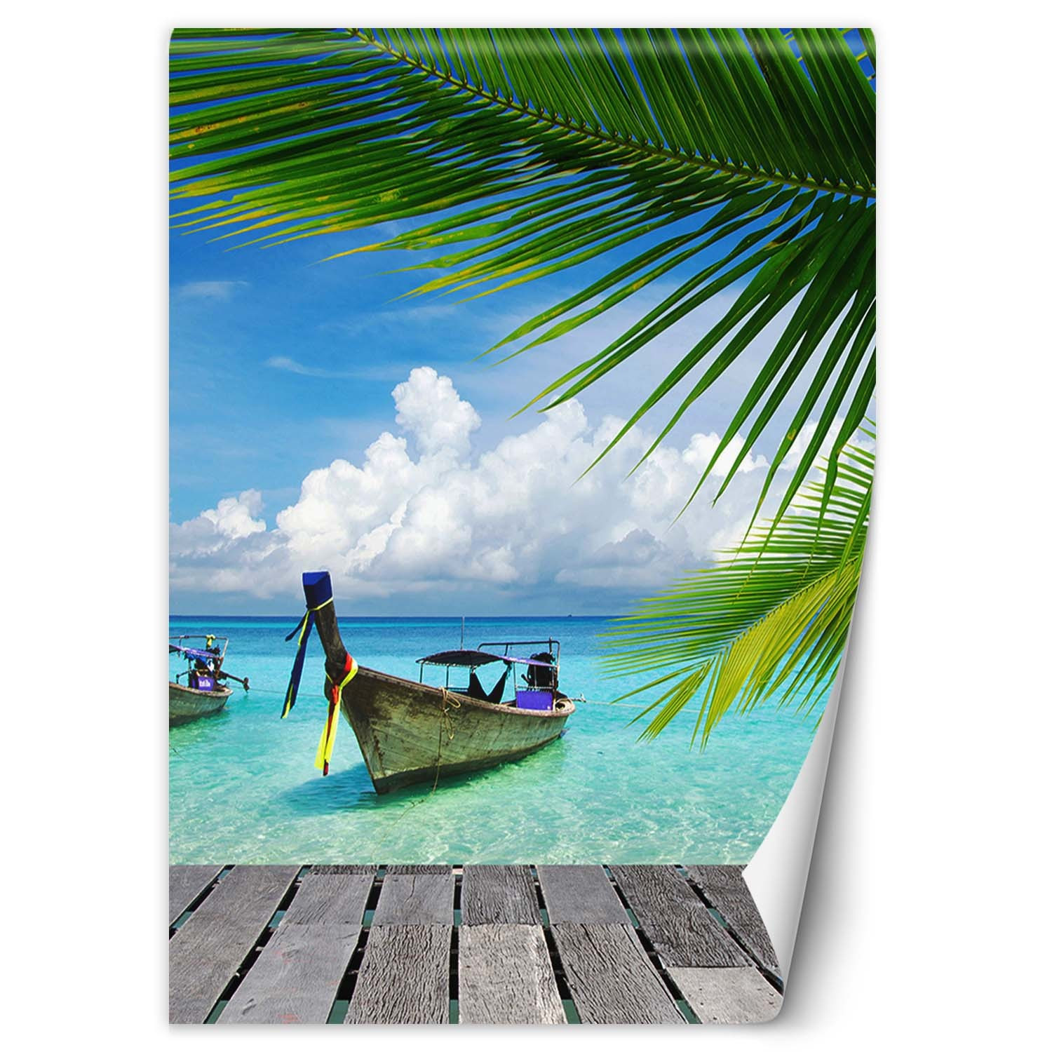 Feeby Fototapeta, Łódka tropikalna plaża palmy 100x140
