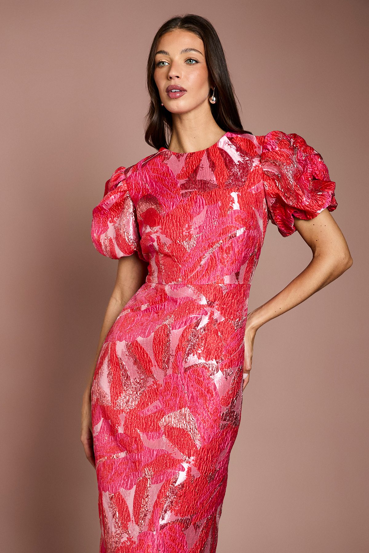 Coast Metallic Jacquard Puff Sleeve Pencil Dress