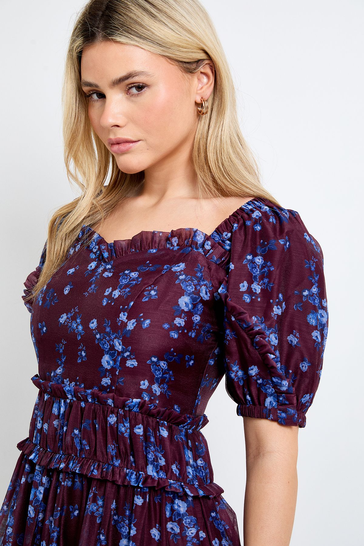 Dorothy Perkins DP Luxe Chocolate Floral Ditsy Printed Organza Frill Detail Puff Sleeve Maxi Dress