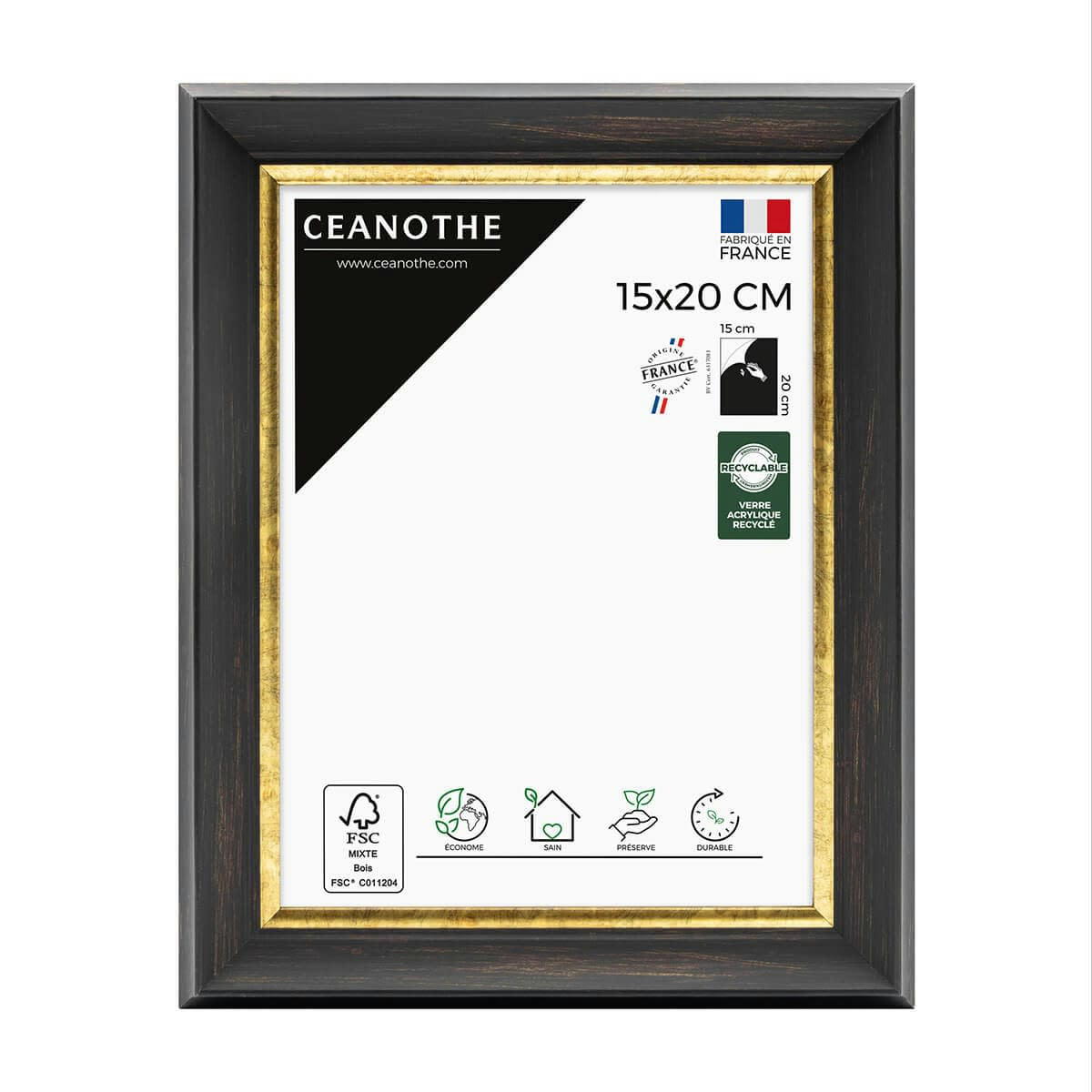 PANDORE - Cadre photo noir et finition doré 15x20 cm résine recyclée