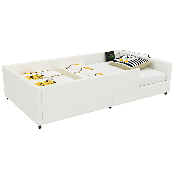 Lit plateforme 90x200 cm, barrière sécurité, station recharge - blanc