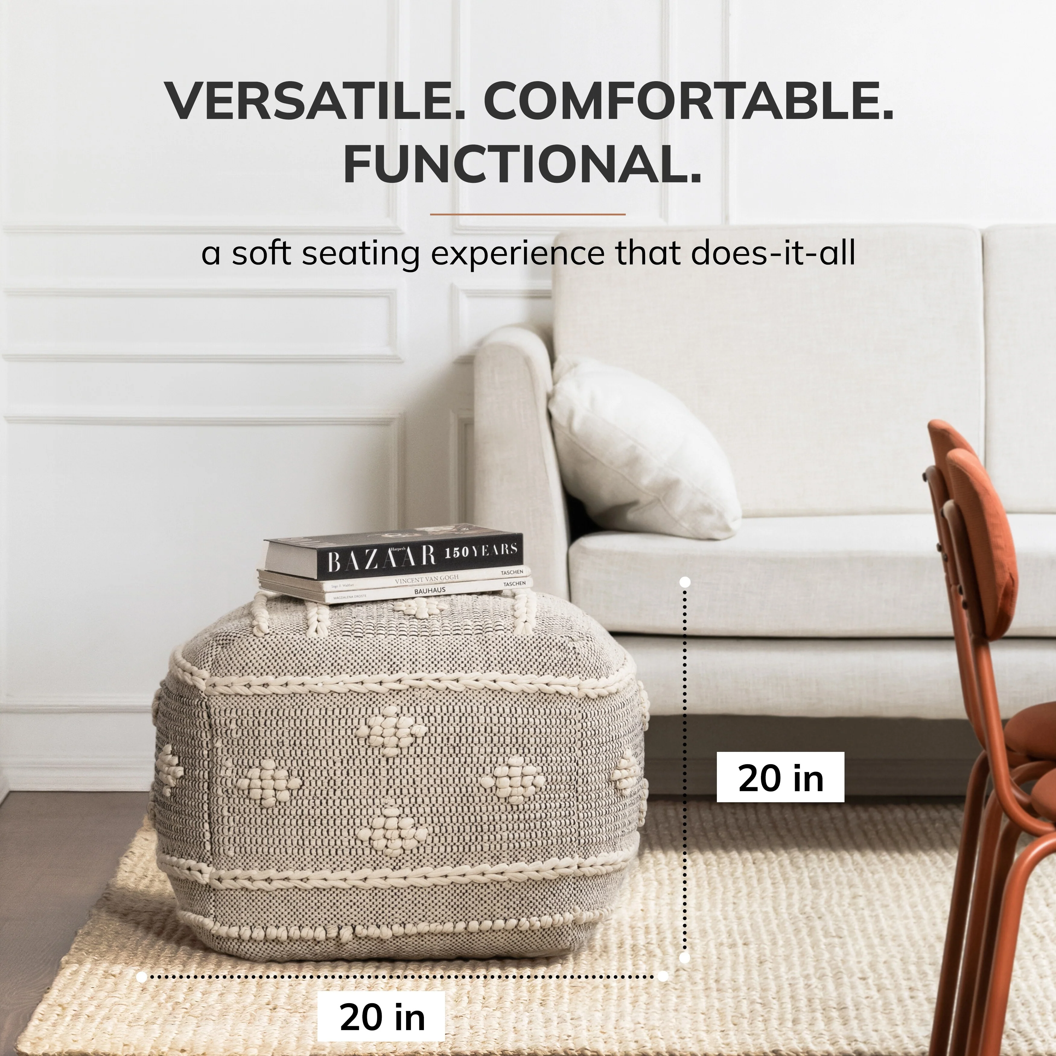 Jani Sidney Street 20 x 20 x 20 Black & Ivory Square Pouf Ottoman - Handmade Footrest for Living Room