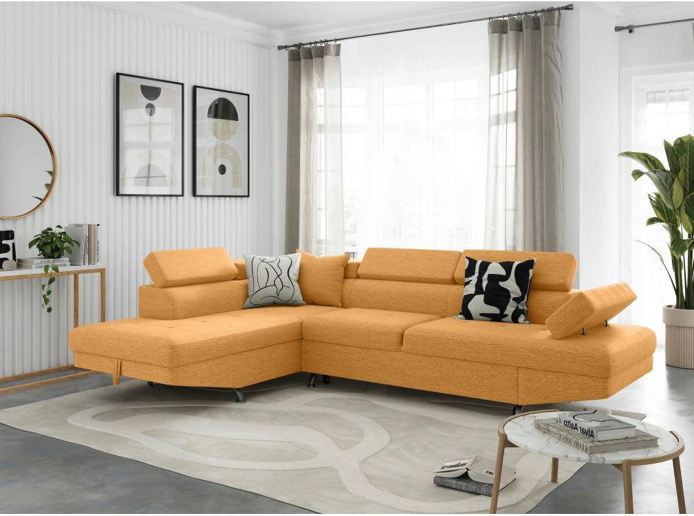 RIO - Canapé angle gauche convertible avec coffre en tissu - Jaune ocre