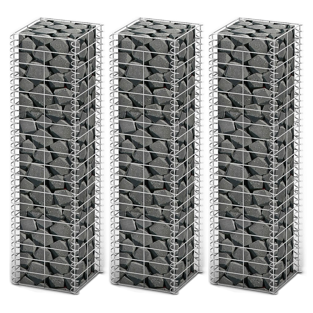Zestaw 3 Koszy Gabionowych Ogrodzenie Płot Stal 25x25x100 cm Srebrny