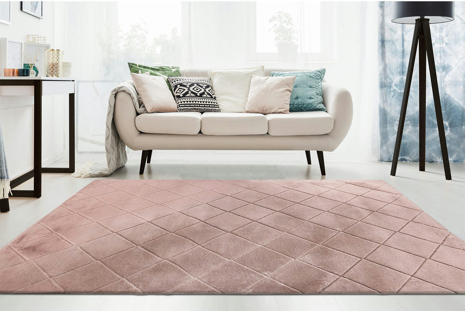 FUR - Tapis super soft à motif 3D losanges rose poudré 160x230cm
