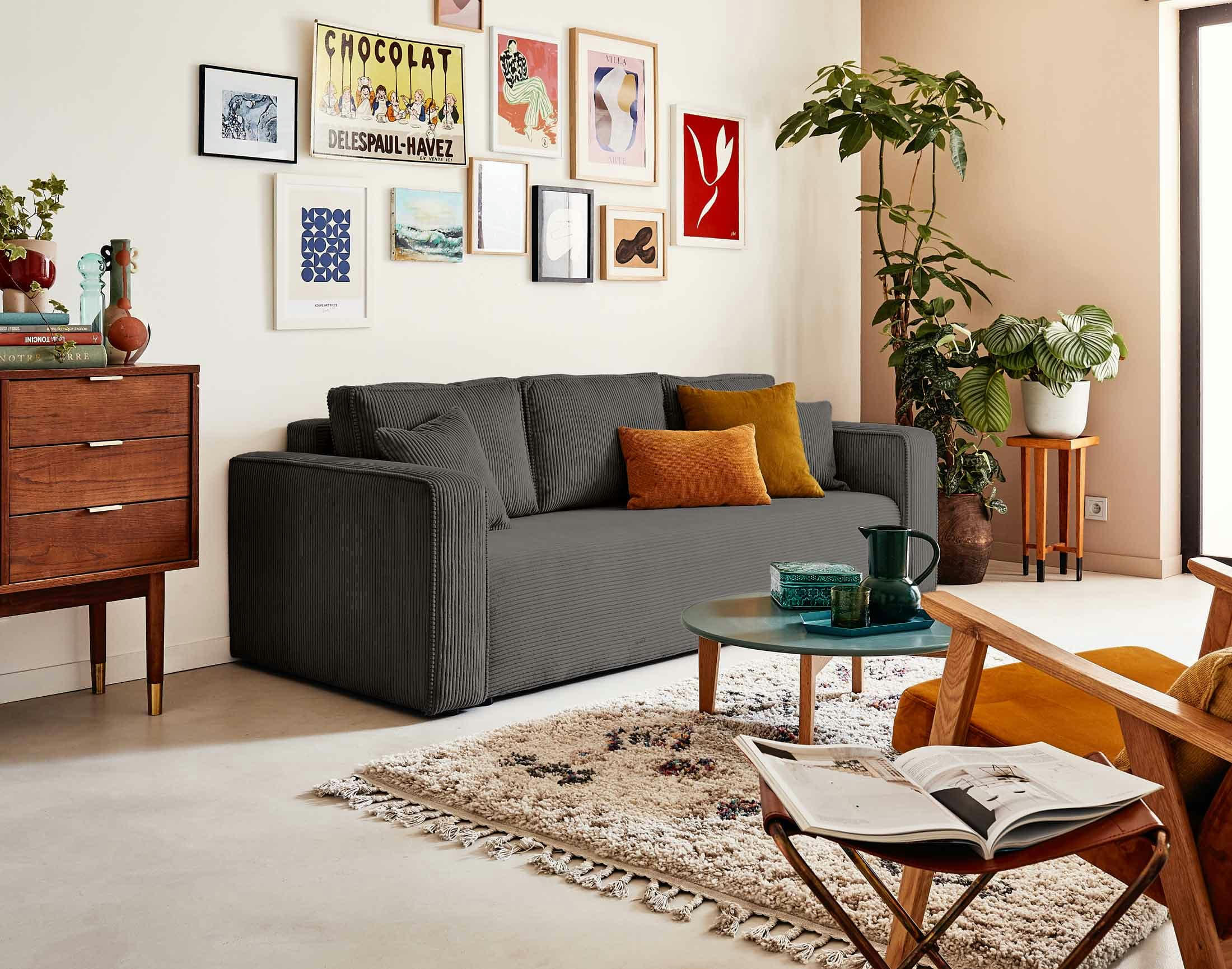 TOPAZE - Canapé droit convertible 3 places en velours côtelé gris