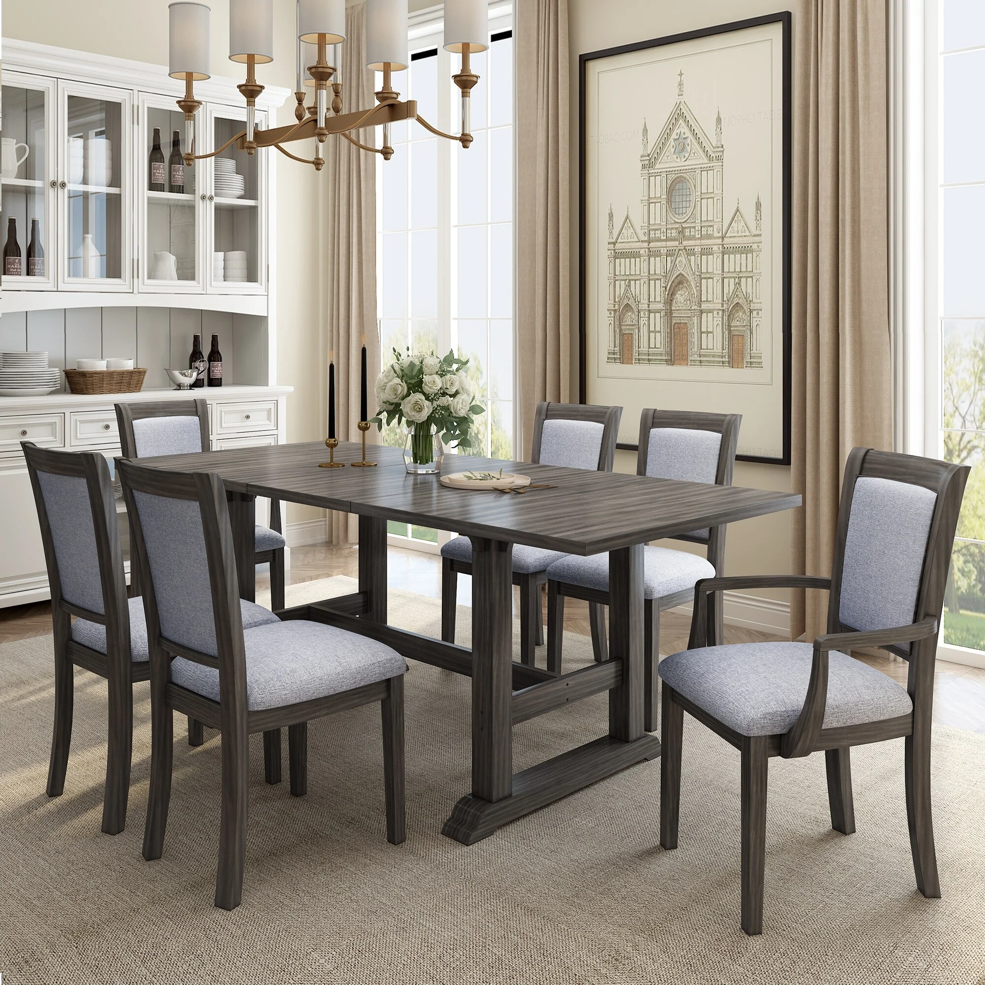 Grey 7-Piece Wooden Dining Table Set with Extendable Rectangular Table, 4 Chairs & 2 Armchairs