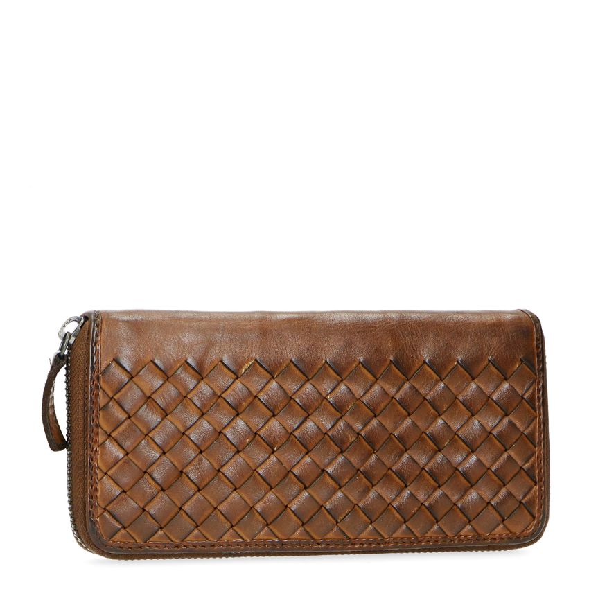 Manfield Cognac leren portemonnee met gewoven structuur