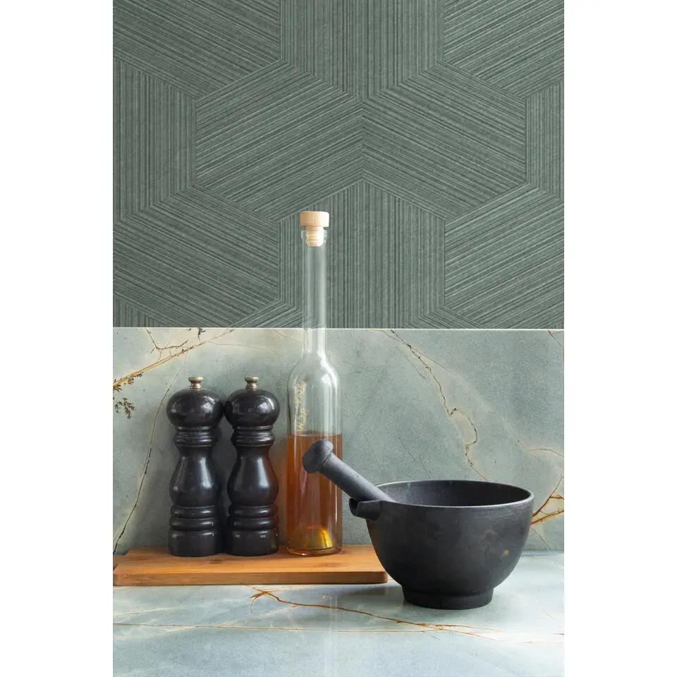 Origin Wallcoverings behang grafisch 3D motief vergrijsd groen - 50 x 900 cm