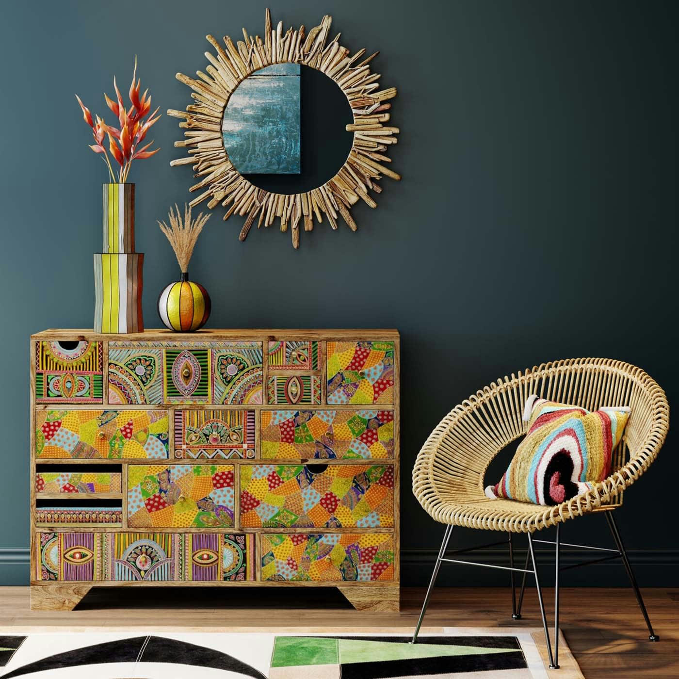 PARADISE - Commode 14 tiroirs en manguier massif motifs multicolores