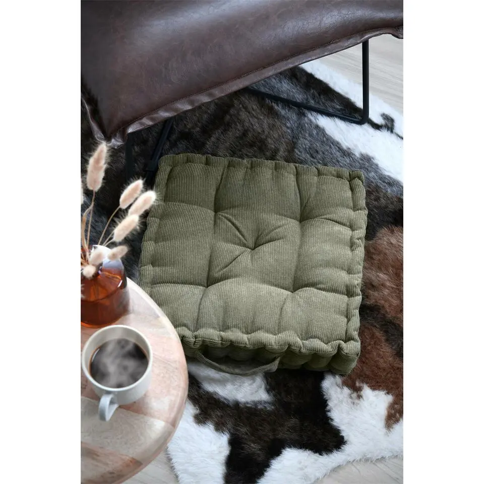 Stof Textile Vloerkussen Ribcord - olijfgroen - 45 x 45 x 10 cm
