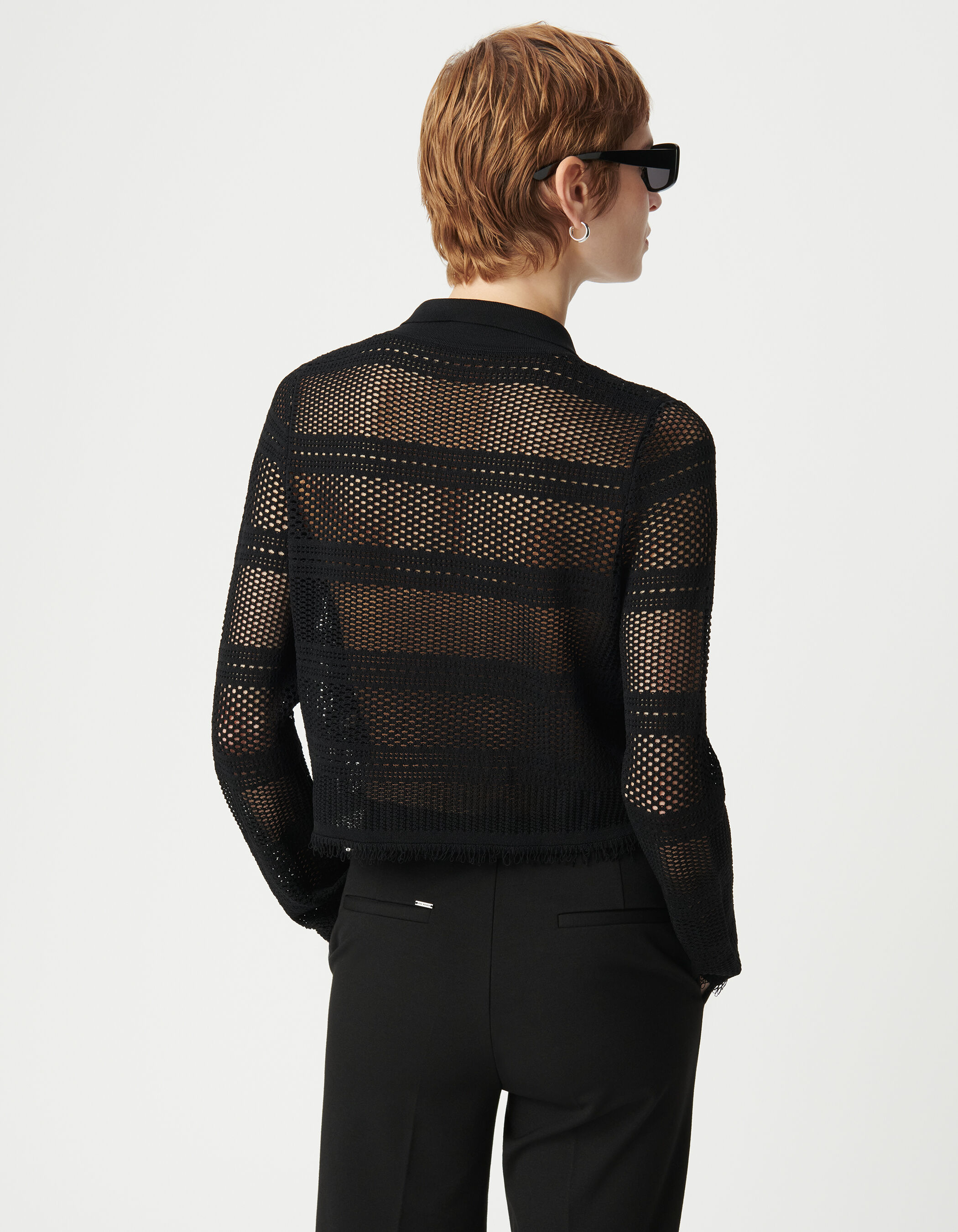 Cardigan court noir tricot ajouré Femme
