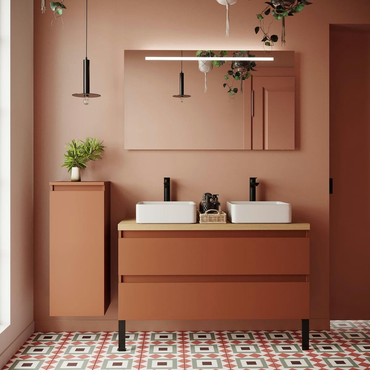 HUDSON - Meuble salle de bain 2 vasques posées 120cm 2 tiroirs Terracotta