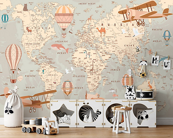 Papier Peint Intissé Panoramique Enfant Carte du monde 300x210 cm - Colle Inclus - Papier Peint Enfant Beige