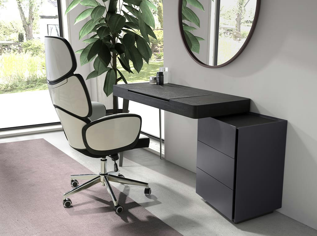 - Coiffeuse en wengé et gris 155 x 52 x 75 cm.