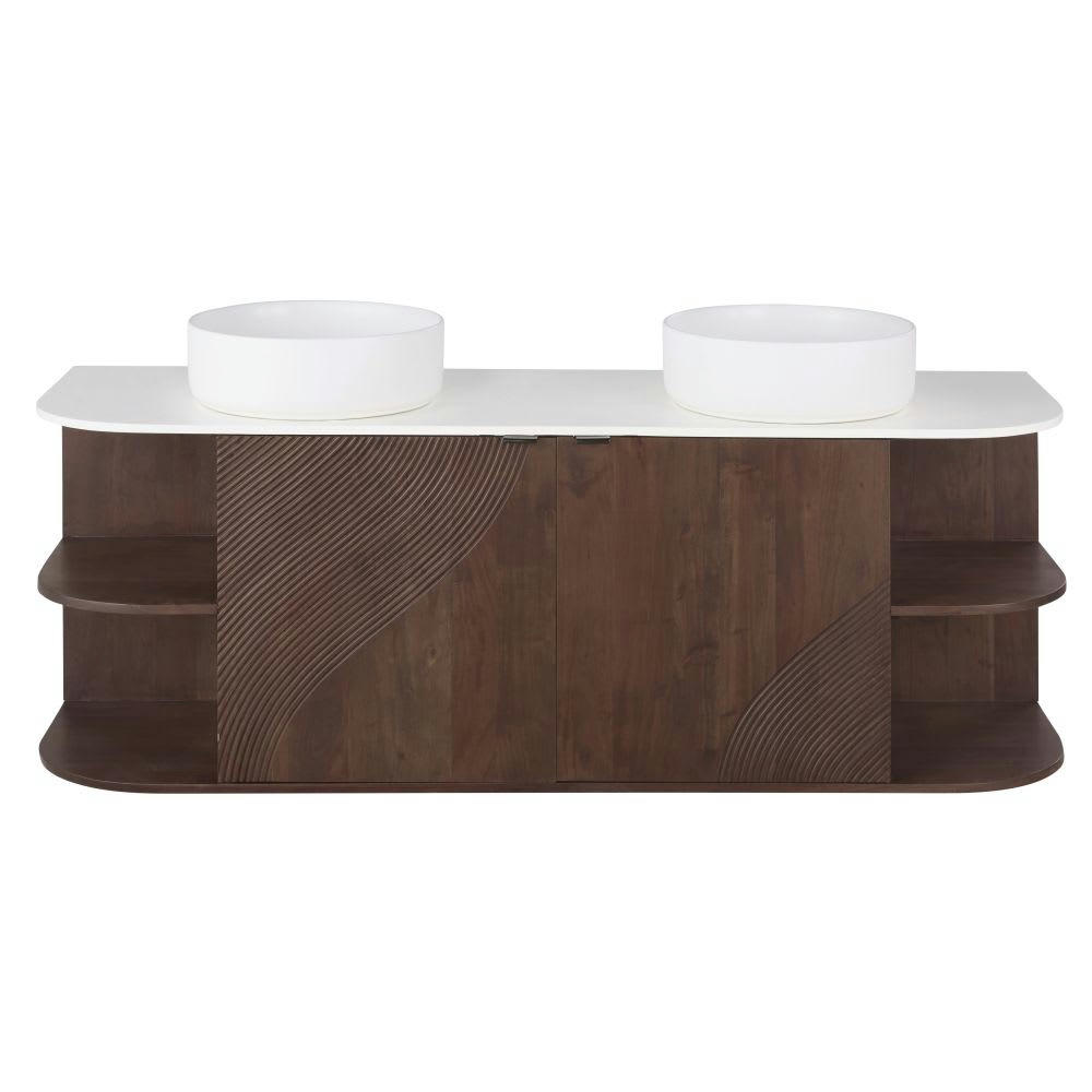 Lausanne - Meuble double vasques suspendu 2 portes 4 étagères marron