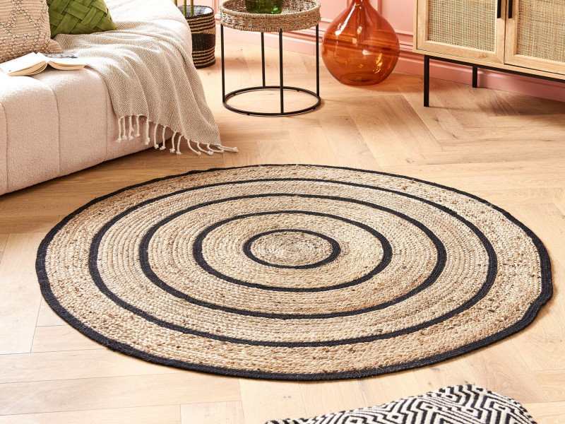 Dywan boho okrągły 140 cm beżowy z czarnym